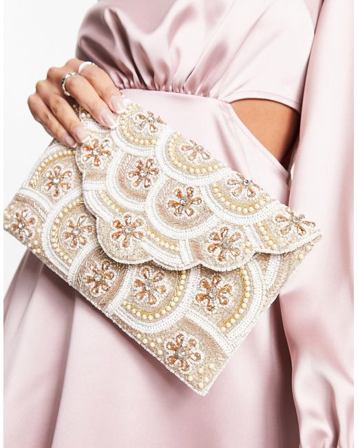 True Decadence Pink Scalloped Beaded Envelope Clutch Bag