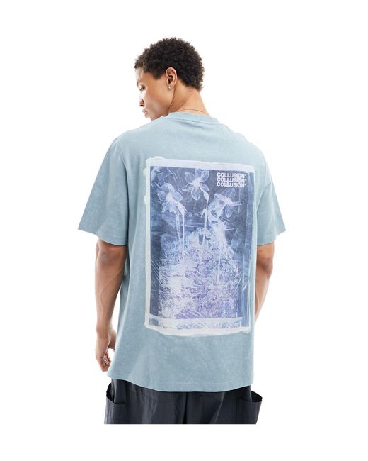 Collusion Blue Pique T-shirt With Polaroid Flowers Back Print for men