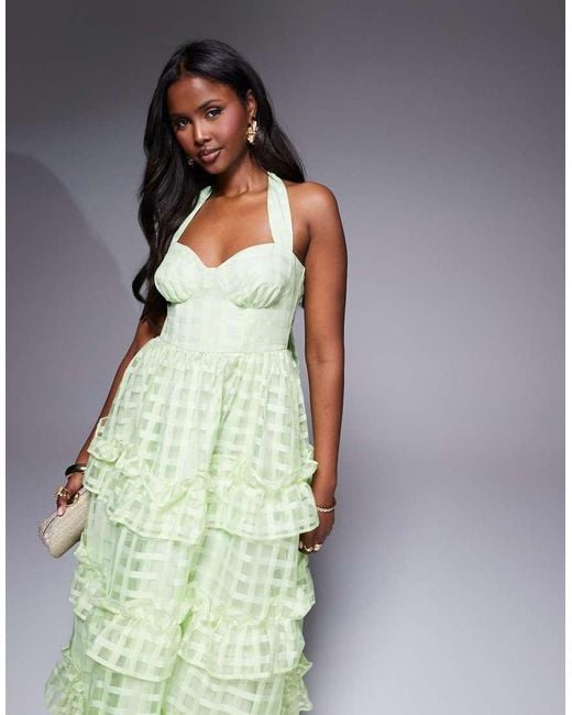asos luxe organza ruched halter neck maxi dress ASOS LUXE organza ruffle halter neck mini dress in white