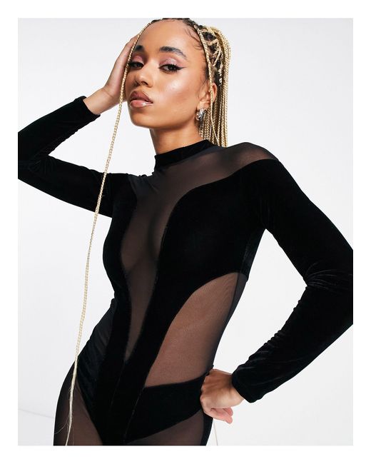 Ann Summers Renegade Mesh And Velvet Detail Long Sleeve Bodysuit in Black |  Lyst