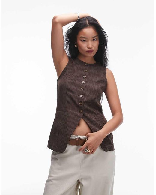 Chaleco De Corte Alargado Con Patrón De Chevrón Y Bolsillo De TOPSHOP de color Brown