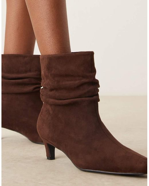 Glamorous Brown Kitten Heel Ruched Mid Ankle Boots