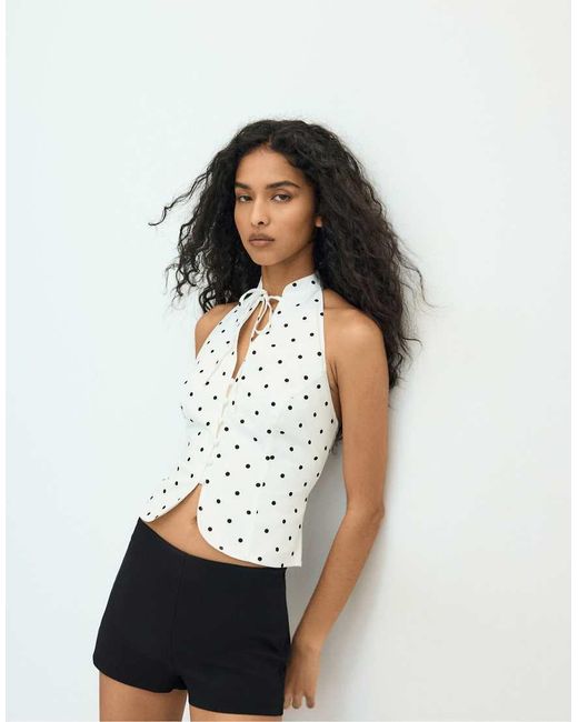 Stradivarius White Polka Dot Print Fitted Halter Top