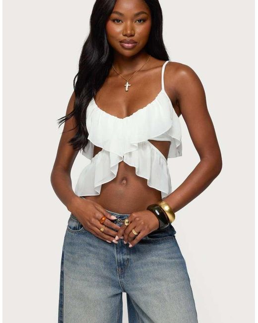 Edikted Blue Sheer Chiffon Ruffled Cut Out Top