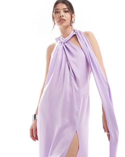 Robe longue dos nu en satin à encolure croisée et détail drapé - lavande ASOS en coloris Pink