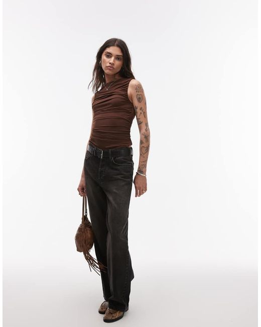 TOPSHOP Gerimpelde Top Van Jersey Met Rechte Hals in het Brown