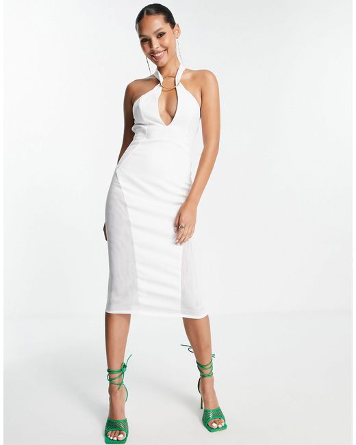ASOS Synthetic Halter Ring V Plunge Mesh Side Midi Dress in White Lyst