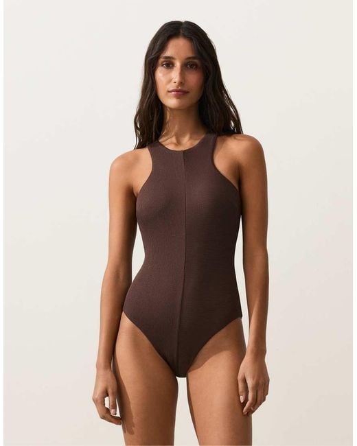 Oysho Brown Rib Halter Swimsuit