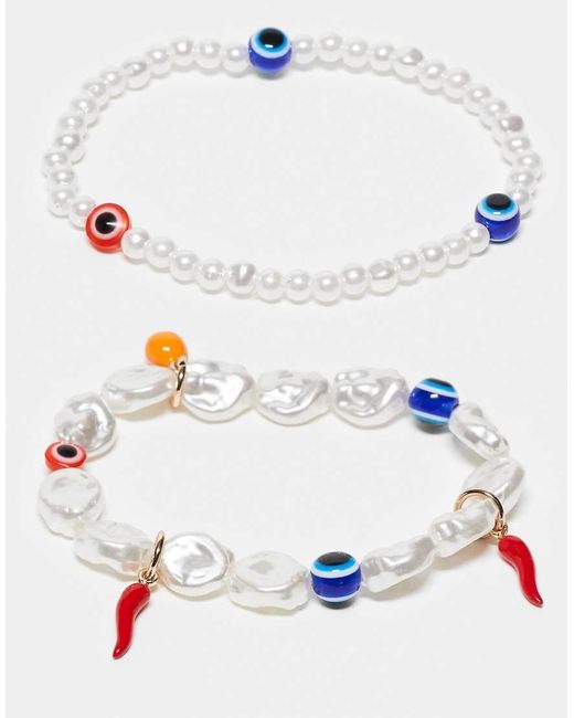 Confezione Da 2 Bracciali Con Perle Sintetiche E Perline A Forma Di Occhi di ASOS in White