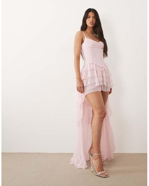 Oh Polly Pink Premium Embellished Cowl Neck Corset Asymmetric Hemline Mini Dress