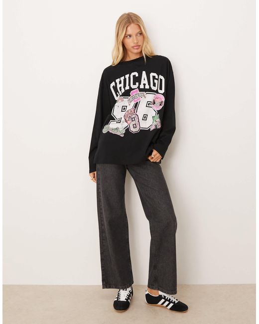 ASOS Black Long Sleeve Skater Tee With Chicago Sports Graphic