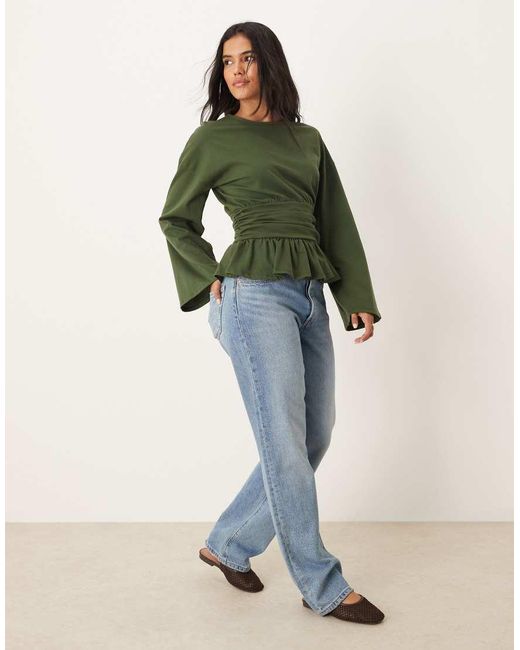 ASOS Green Oversized Long Sleeve Tee With Cinched Waist And Peplum Hem
