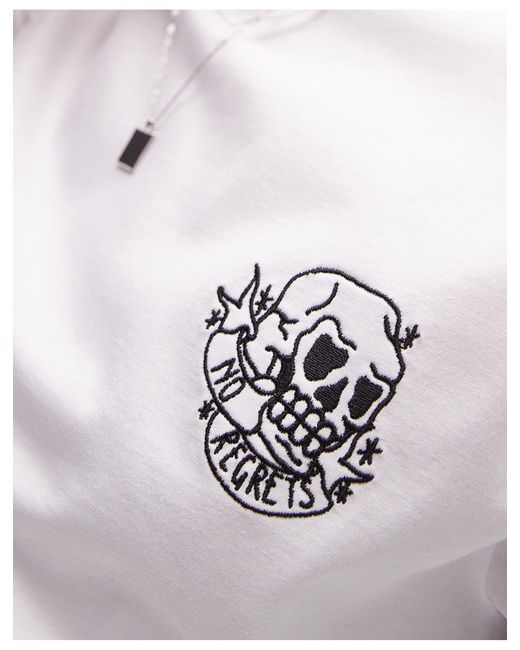 Topman White Oversized Fit T-shirt With Skull And Words Embroidery for men