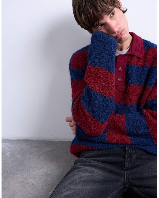 Topman Blue Relaxed Fit Knitted Stripe Polo Jumper for men