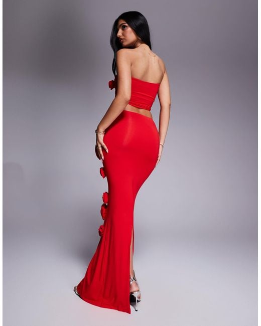 Wanderdoll Red Posie Sculpting Second Skin Corsage Detail Maxi Skirt Co-ord