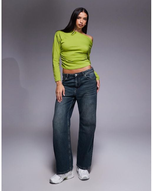 ASOS Green Off Shoulder Cinched Waist Long Sleeve Asymmetric Top