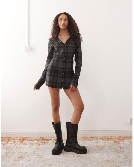 Monki Black Long Sleeve Cinched Mini Shirt Dress