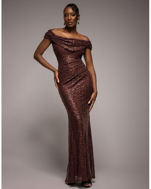 Goddiva Brown Cap Sleeve Iridescent Sequin Cowl Maxi Dress