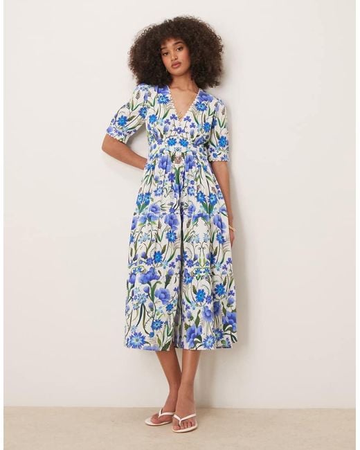 Hope & Ivy Blue V-neck Puff Sleeve Midi Smock Dress