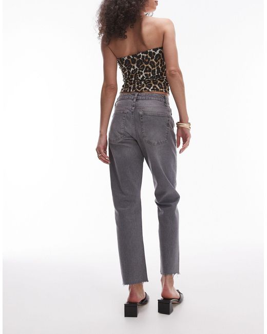 TOPSHOP Gray Cropped Mid Rise Straight Jeans With Raw Hems