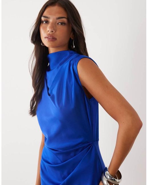 ASOS Blue Satin High Neck Pleated Bodice Midi Dress