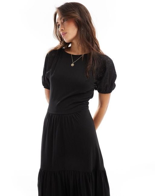 ASOS Black Broderie Puff Sleeve Tiered Maxi Dress