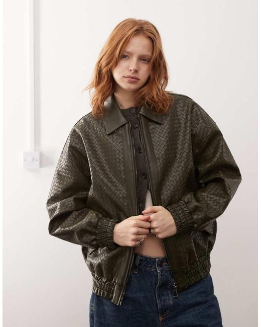 Lioness Brown Exclusive Leather Look Weave Detail Bomber Jacket