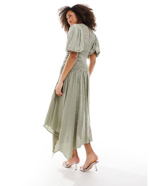 & Other Stories Green Linen Blend Asymmetric Hem Midi Dress With Ruche Bodice And Volume Sleeves