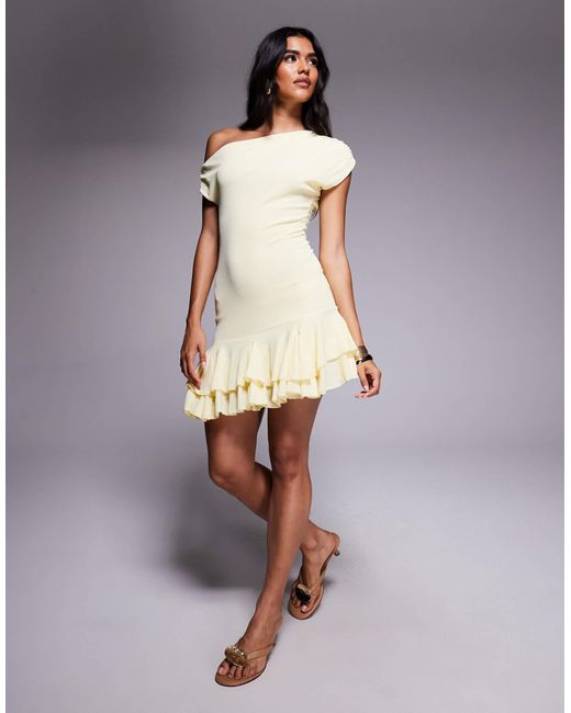 Kaiia Multicolor Exclusive Textured Mesh Drape Off Shoulder Rara Hem Mini Dress