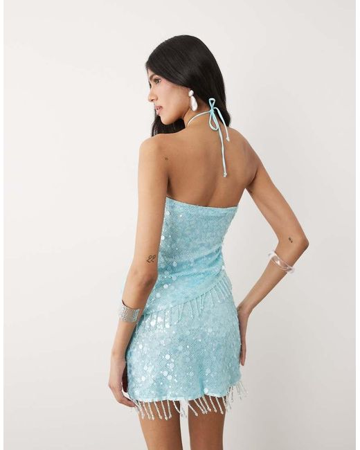 Motel Blue Arlela Sequin Asymetric Bead Hem Top