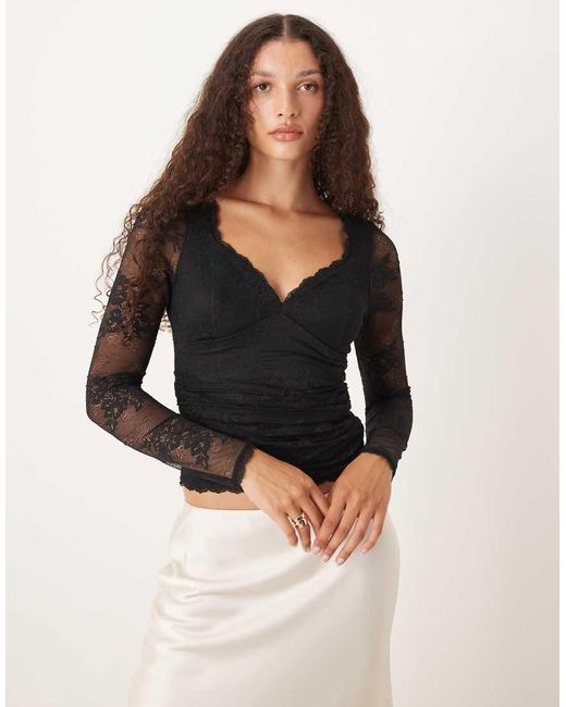 Abercrombie & Fitch Natural Sweetheart Neckline Lace Long Sleeve Top
