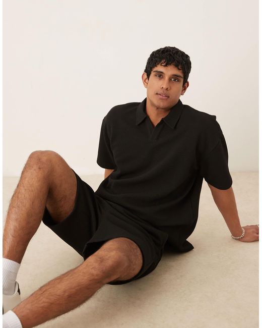 ASOS – oversize-polohemd aus schwerem, strukturiertem material in Black für Herren