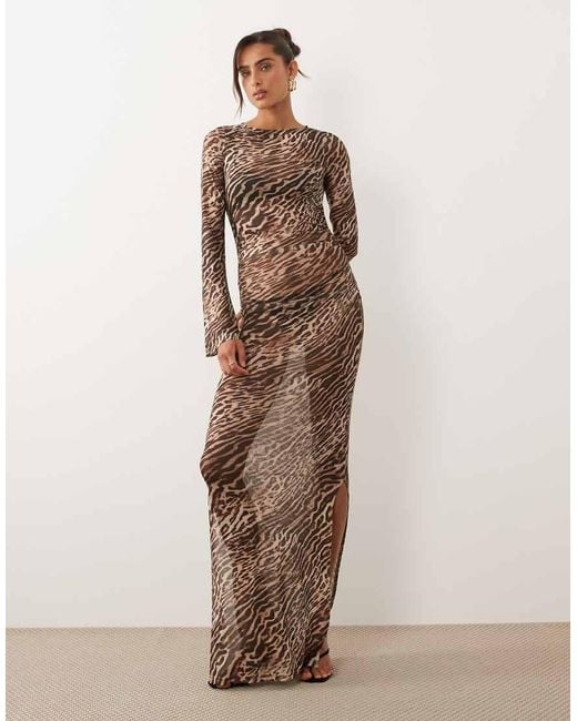 Ruched & Ready Brown Mesh Flared Long Sleeve Maxi Dress