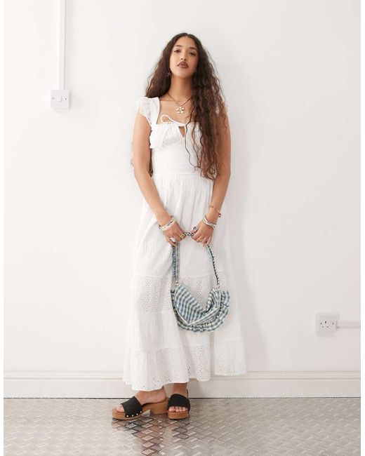 Reclaimed Vintage White Maxi Western Summer Dress With Broderie Layers And Tie Front