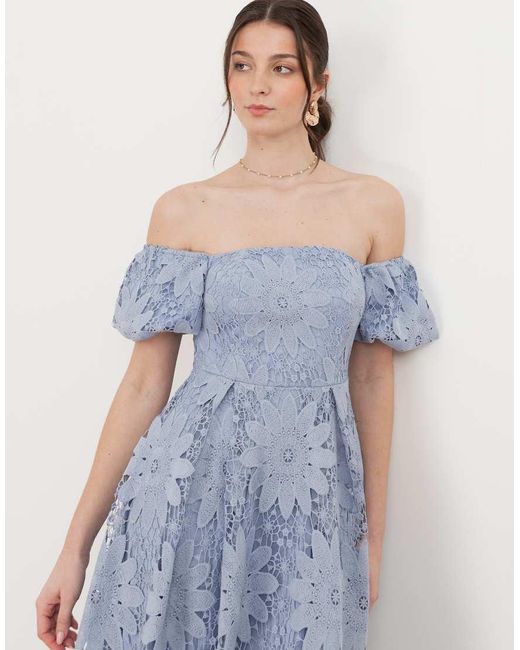 Maya Blue Bardot Puff Short Sleeve Lace Midi Dress