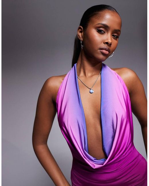 AFRM Purple Imade Slinky Cowl Neck Halter Maxi Dress