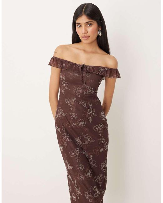 Motel Natural Catrin Off Shoulder Midaxi Floral Dress