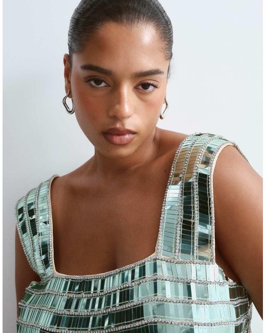 ARRANGE Green Curve Embellished Beaded Square Neck Boxy Crop Top
