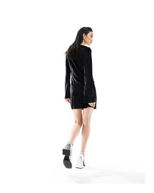 Monki Long Sleeve Velvet Mini Dress in Black