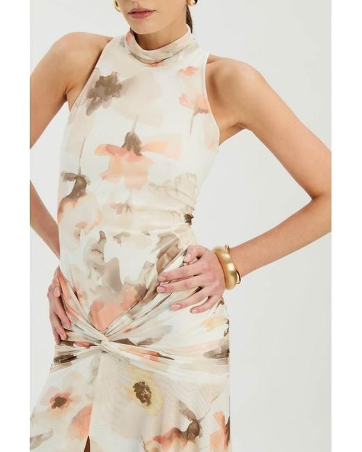 Bardot Natural Leanna High Neck Ruched Waist Thigh Split Mesh Midi Dress
