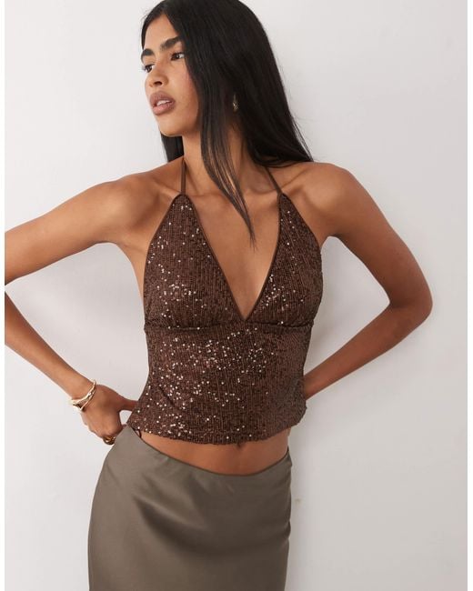 ASOS Brown Sequin Backless Halter Neck Top