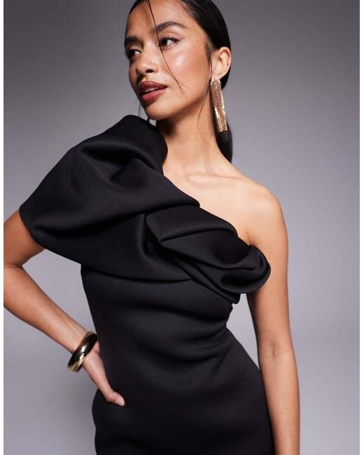 Vestido Midi Con Escote Palabra De Honor Y Mangas Abullonadas Estructuradas De Tejido Efecto Neopreno De Asos Design Petite ASOS de color Blue