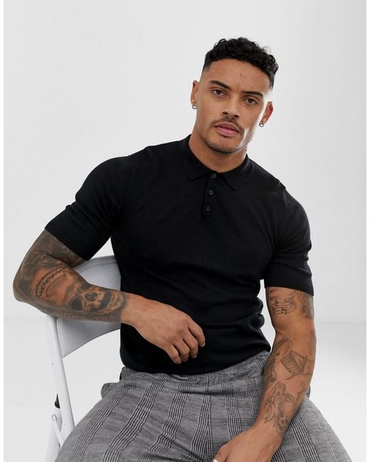 ASOS Black Knitted Muscle Fit Polo Shirt for men