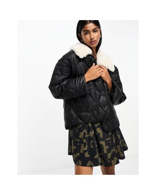River Island Black Padded Jacket With Faux Fur Collar