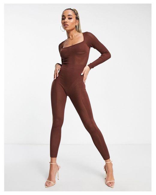 SIMMI Brown Simmi Knitted Ribbed Contour Jumpsuit