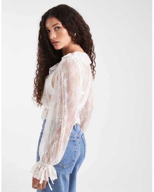 Miss Selfridge White Lace Tie Front Ruffle Blouse
