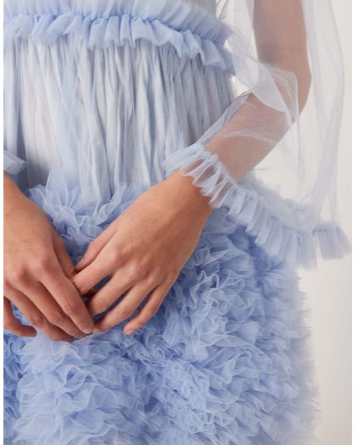 Sister Jane Blue Dream Halo Haze Tulle Bell Sleeve Ruffle Tiered Maxi Dress