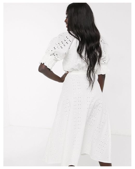 ASOS Broderie Midi Shirt Dress With Puff Sleeves And D-ring Belt in White |  Lyst
