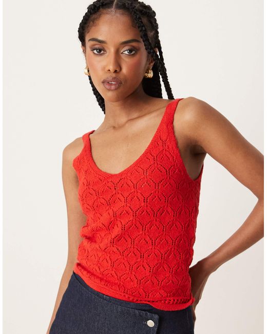 Mango Red Straight Fit Open Knit V-neck Vest
