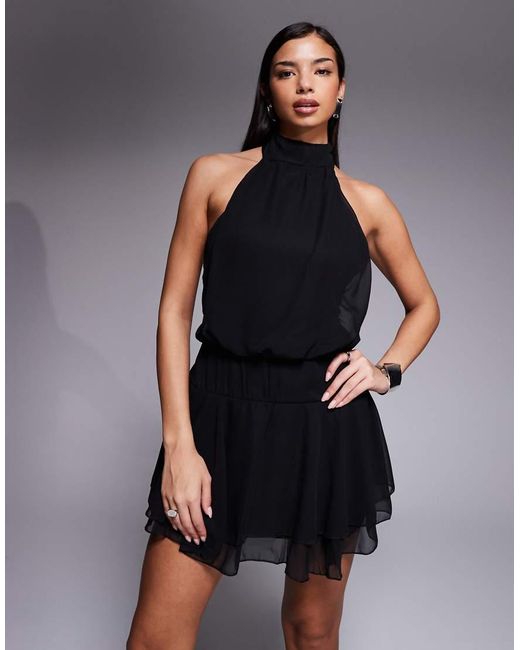 Fashionkilla Black Exclusive Chiffon Halterneck Foldover Detail Ruffle Skirt Mini Dress